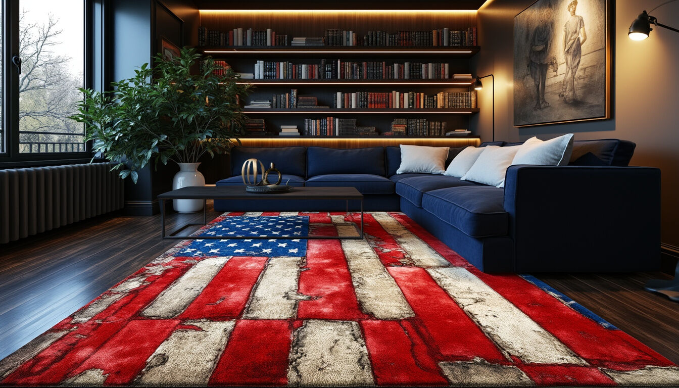Affichez votre patriotisme et votre style avec le tapis États-Unis d'Amérique. Cet objet de décoration unique apporte une touche de fierté nationale et s'intègre parfaitement à votre intérieur ou à votre bureau.