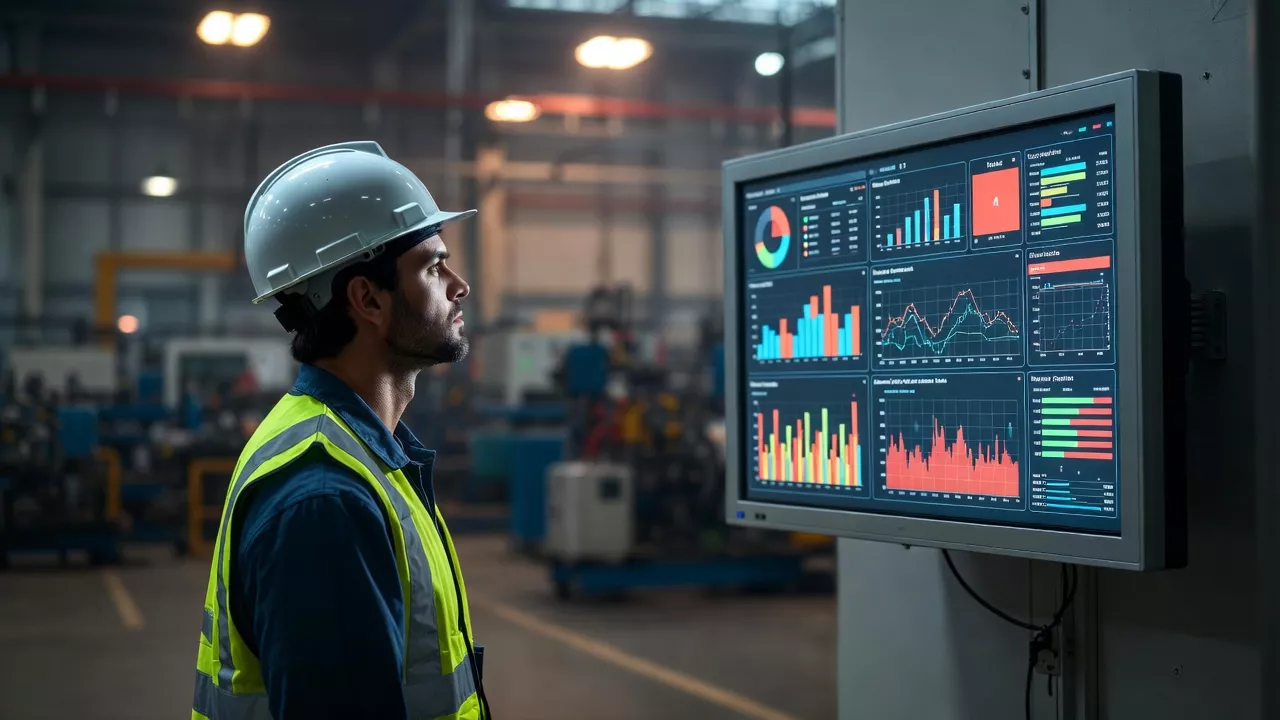 Ingénieur surveillant le tableau de bord de maintenance prédictive alimenté par l'IA dans une usine